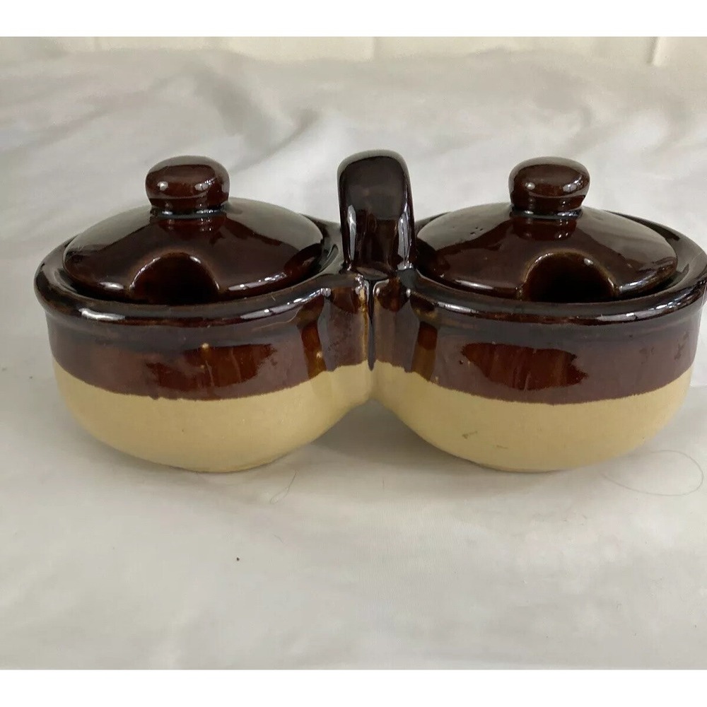 VTG 70s Brown Drip Double Condiment Pot Stoneware Rustic Farmhouse Kitchen 80s